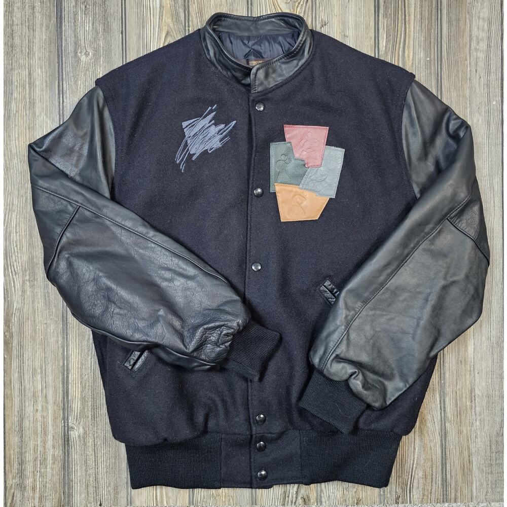 Vintage Letterman UOLSLA John Ryan Company Patch Jacket Mens Medium Abstract 90s